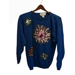 Celina Yang Blue Sequin‎ Embellished Floral Knit Sweater Top Women's Size L